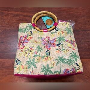 Floral Bamboo Handle Tote Bag